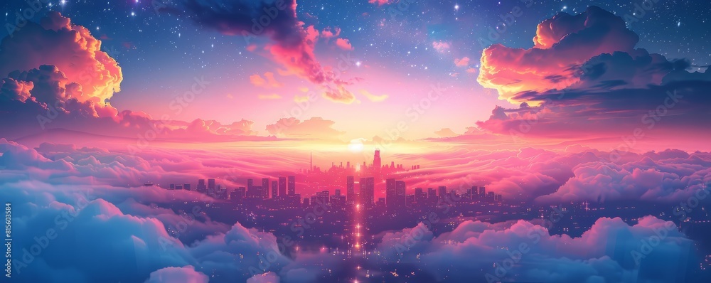 A celestial cityscape where skyscrapers pierce the clouds, their mirrored surfaces reflecting the stars above in a dazzling display of light and color. illustration. A celestial cityscape where skyscrapers pierce the clouds, their mirrored surfaces reflecting the stars above in a dazzling display of light and color. illustration.