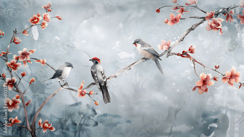 bird perching on a tree , in the middle position with blank edges, chinoiseries, white background