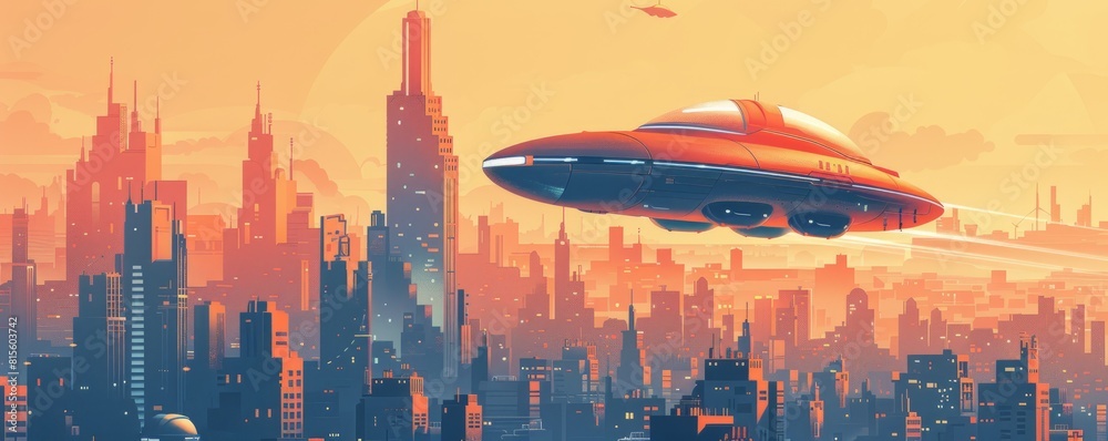 A retro-futuristic metropolis where sleek hovercraft glide through the air amidst towering skyscrapers, their futuristic designs a marvel of engineering. illustration. A retro-futuristic metropolis where sleek hovercraft glide through the air amidst towering skyscrapers, their futuristic designs a marvel of engineering. illustration.