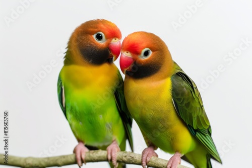 Chirpy Lovebirds: Highlight a pair of lovebirds perched together. photo on white isolated background