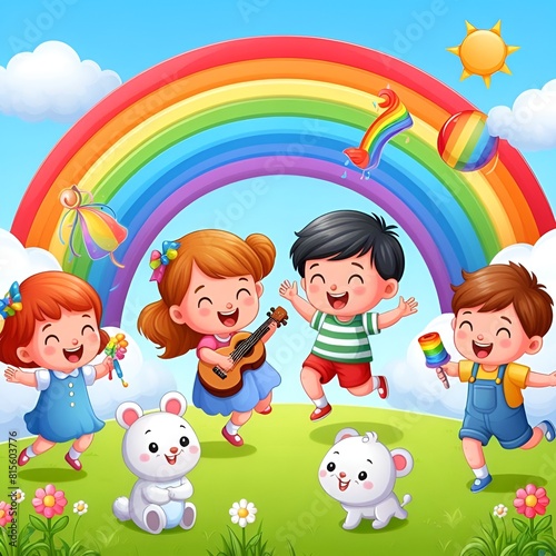 Happy Children’s Day banner with happy cartoon kids playing under a rainbow