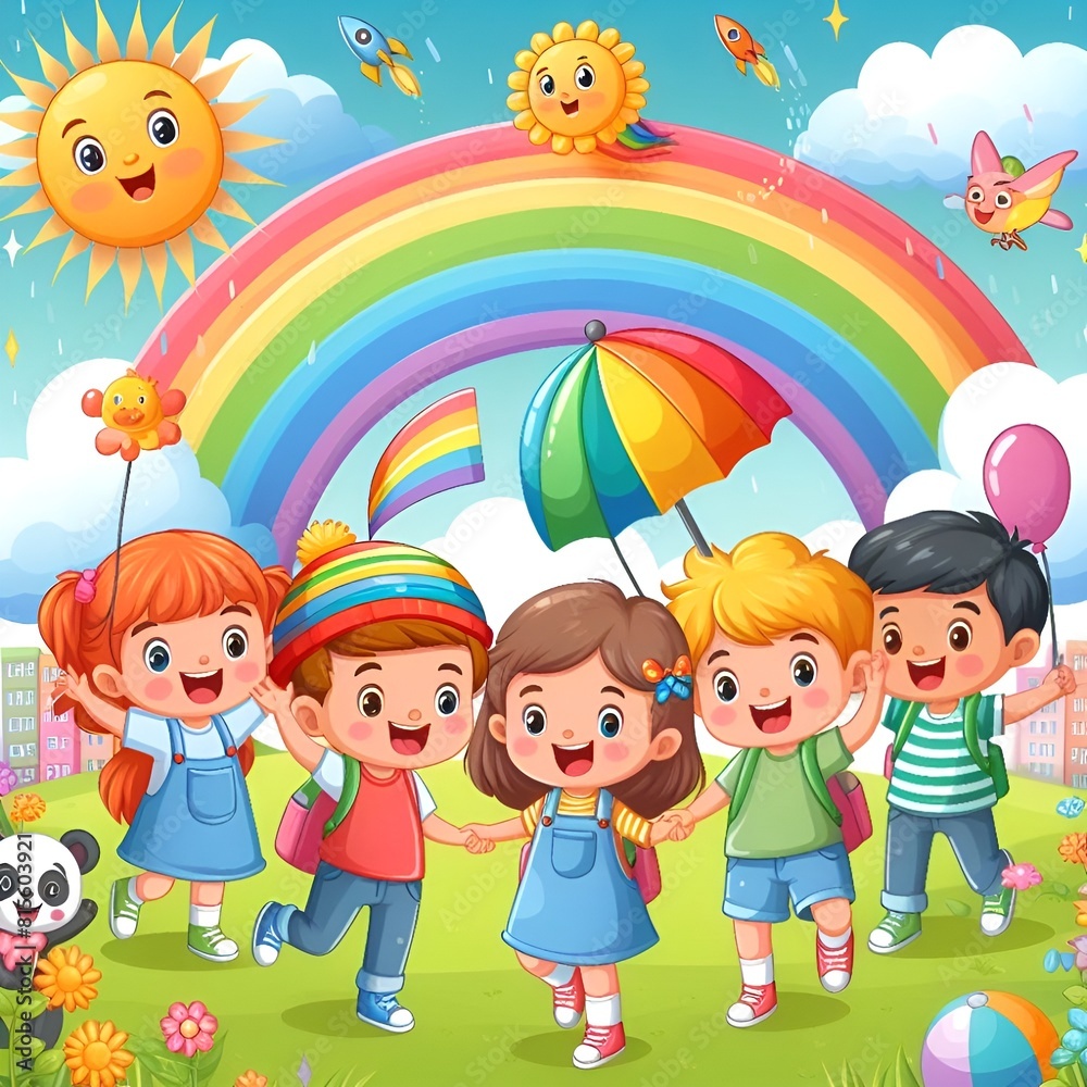 Happy Children’s Day banner with happy cartoon kids playing under a rainbow Happy Children’s Day banner with happy cartoon kids playing under a rainbow