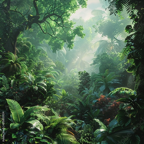 Produce a visually stunning image featuring a wide-angle view of a lush forest where wildlife thrives harmoniously  emphasizing the need to protect natural habitats