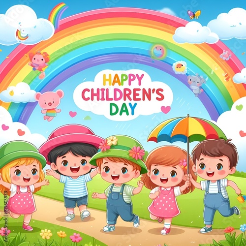 Happy Children’s Day banner with happy cartoon kids playing under a rainbow