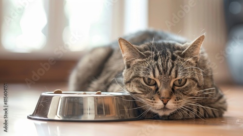 A Cat Gazing Lazily at Its Food Dish