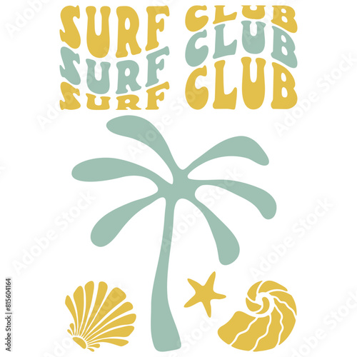 Retro Groovy Surf Club in trendy Boho style. Naive Geometric Summer Palm Tree. Simple background of sun sea. Retro Summer Beach Hand Drawn isolated illustration. Vintage Surf Club. Vector illustration (ID: 815604164)