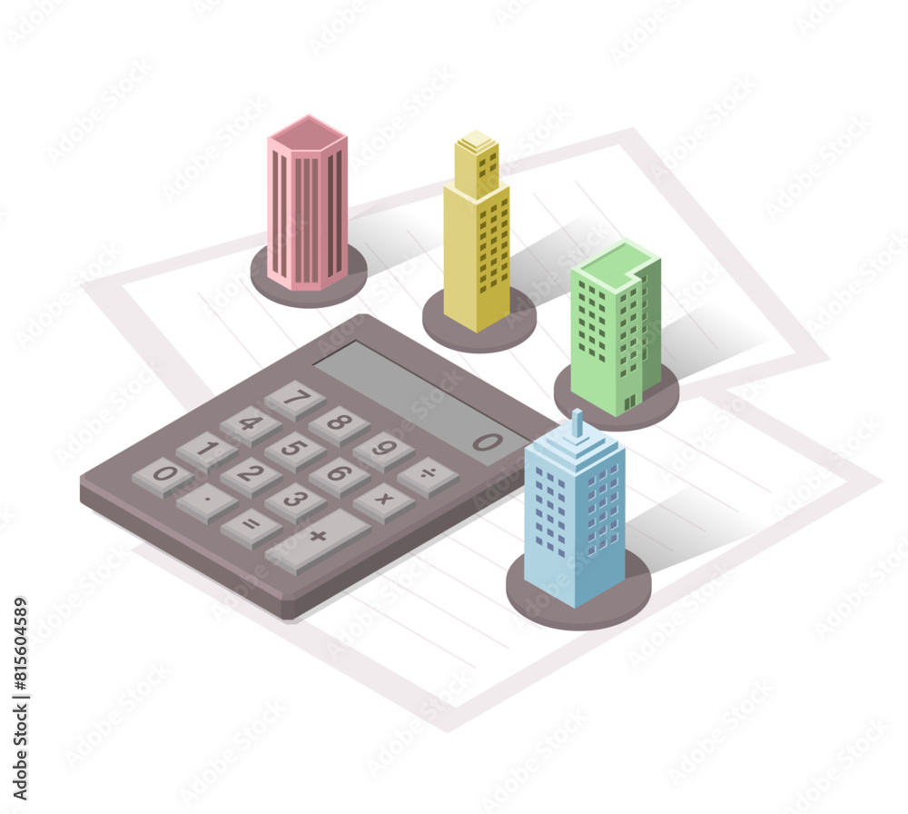 isometric illustration of calculator and buildings isometric illustration of calculator and buildings
