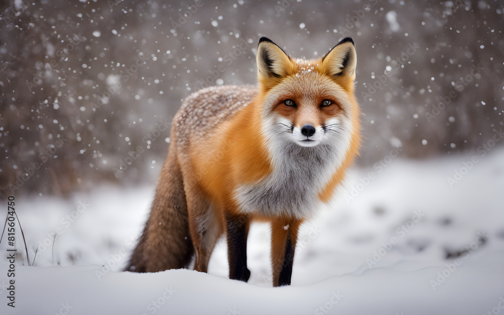 Close-up of a red fox in snowy environment, soft snowflakes falling. Cozy winter wildlife scene with warm colors