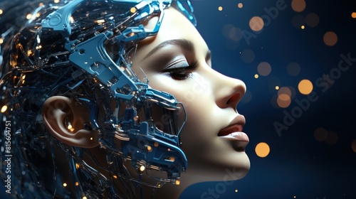 female cyborg with artificial intelligence on a blue background