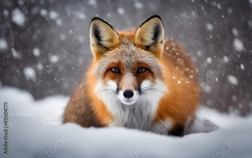 Close-up of a red fox in snowy environment, soft snowflakes falling. Cozy winter wildlife scene with warm colors © julien.habis
