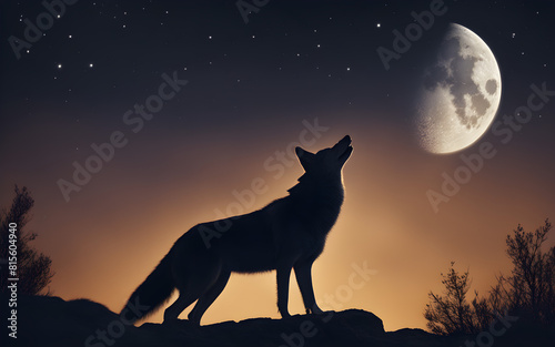 Coyote howling at a full moon  silhouette against a night sky. Wild and free  with a touch of mystery