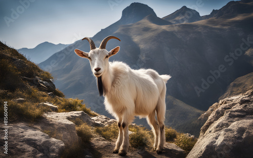 Curious goat in a mountainous landscape  rugged terrain and clear sky. Adventurous and spirited animal portrait