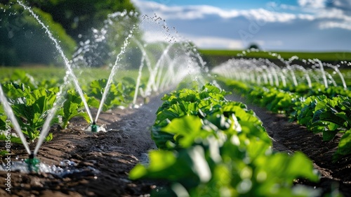 Agriculture Watering. Irrigation System Watering Crops on Green Farm Field