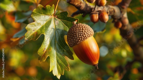 Acorn Tree. Closeup of Oak Leaf and Acorn on Oak Tree Branch in Autumn Background photo