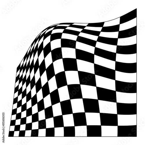 Distorted black Chess board grid on white background. Waved mesh texture. Fish net with deformation effect. Bented lattice surface. Vector graphic illustration