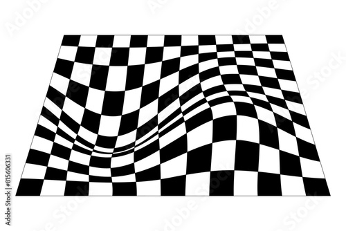 Distorted black Chess board grid on white background. Waved mesh texture. Fish net with deformation effect. Bented lattice surface. Vector graphic illustration