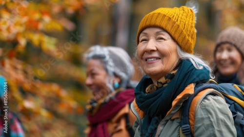 Women In Fall. Multiracial Friends Having Fun Trekking in Mountain Forest