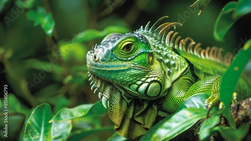 A green iguana strikes a pose against a verdant background