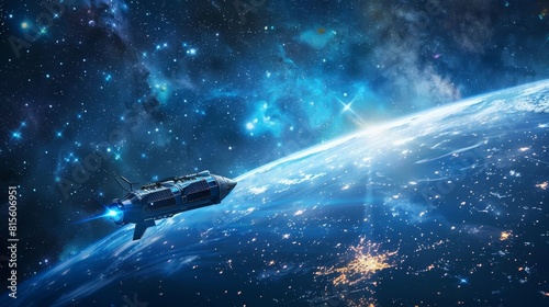 Space Exploration Concept with Spaceship Orbiting Earth