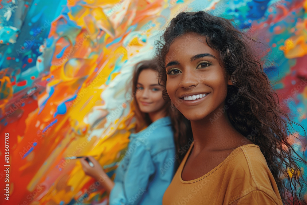 In a leisurely street scene, two artist friends capture their happiness in a cheerful selfie that embodies the joy of creative connection.