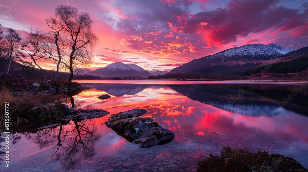 A vibrant photograph captures the Loch at sunset, painting the sky with vivid hues