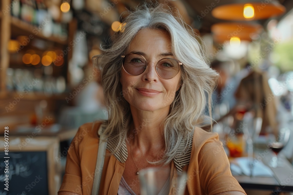 Happy senior woman enjoying wine and food outdoors in a restaurant. Happy senior woman enjoying wine and food outdoors in a restaurant.