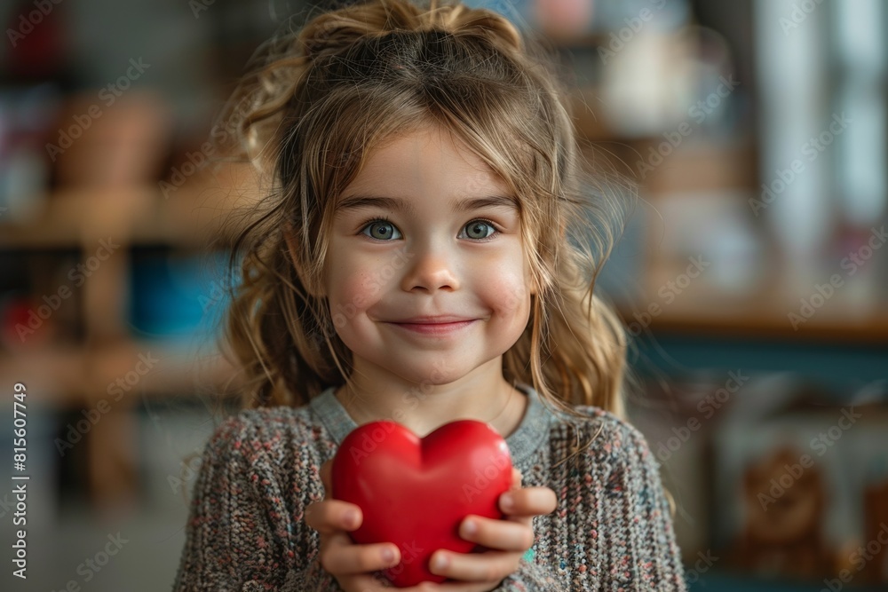 A cute Caucasian girl holds a red heart, radiating love on Valentine's Day.