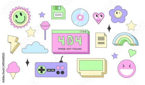 Classic 90s retro elements set. Hand drawn vector illustration: user interface element, Joystick, diskette, CD, cartridge, heart, ice cream, lollipop, sticker. Vector Illustration nostalgia for 1990s.