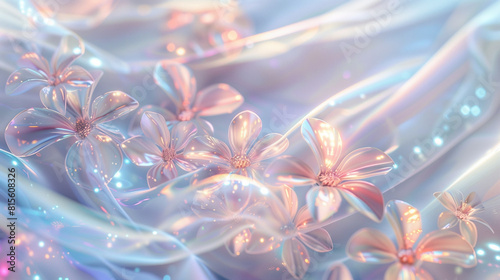 Delicate pink and blue wavy background with many white flowers