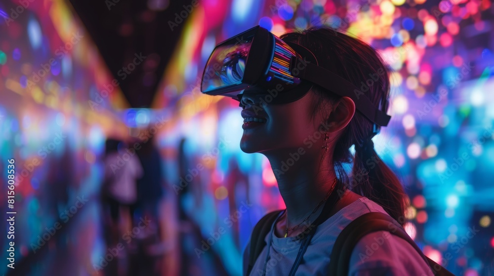 The girl wearing VR glasses is experiencing a virtual world. The girl wearing VR glasses is experiencing a virtual world.