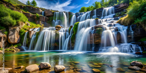 A crystal clear waterfall cascading down a rocky cliff  the water splashing against the rocks in a satisfying rhythm