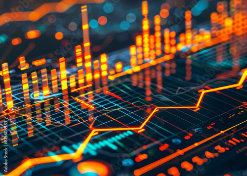 Abstract financial stock market graph on technology background in orange gold blue cyan colors