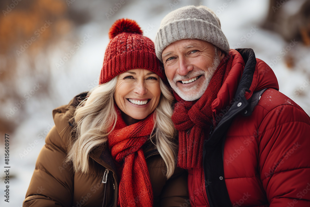 Fototapeta premium Generated with AI image of a beautiful cheerful couple walking enjoying winter picnic outdoors