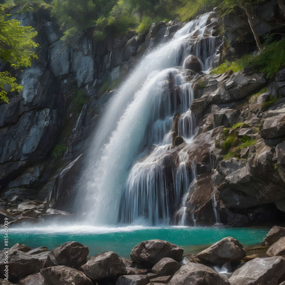 Fototapeta premium A crystal clear waterfall cascading down a rocky cliff, the water splashing against the rocks in a satisfying rhythm