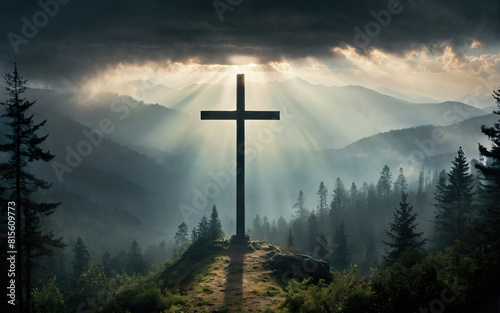 Jesus Christ cross, Christian cross on a background of dramatic sky and fog landscape