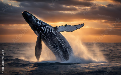 Humpback whale  ocean spray highlighted by the sunset
