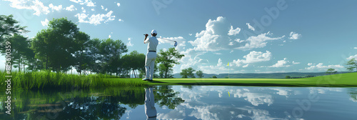 A golfer or his assistant caddie on a green field with a club and ball and plays golf. Concept: sports competitions photo