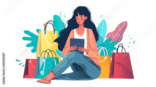 Woman Shopping Online with Bags Sitting on the Floor