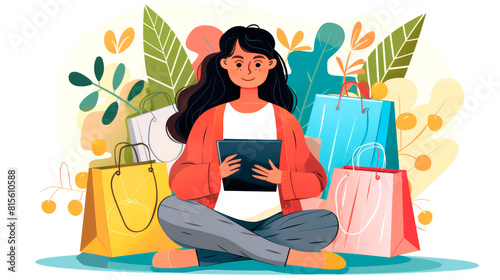 Woman Shopping Online with Tablet and Colorful Shopping Bags
