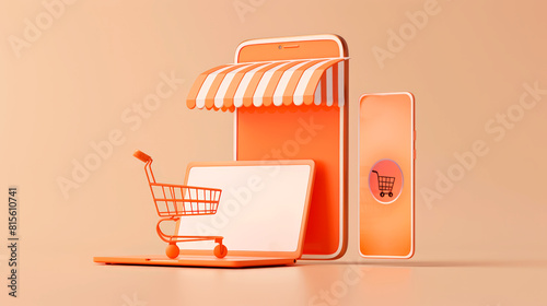 Online Store Concept with Smartphone, Laptop, and Shopping Cart