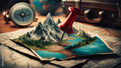 Conceptual image of a map with a red pin on a rugged mountainous terrain, reminiscent of themes of exploration and travel.Suitable for advertising travel agencies, or as a storyboard for adventure