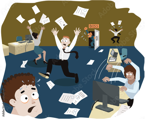 Nervous situation in the office due to an angry boss. Stress managment. Scared employees. Aggressive manager shouts. People run around the office and lose papers. Vector illustration in cartoon style.