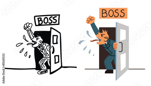 Angry boss opens the door and shouts from his office. Nervous aggressive manager. Stress management. Colorful and line vector illustration.