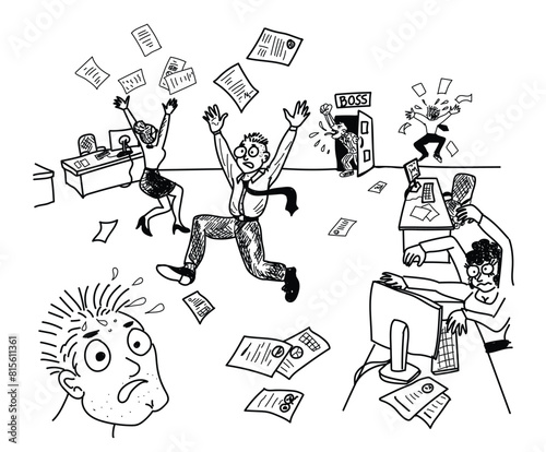 Nervous situation in the office due to an angry boss. Stress managment. Scared employees. Aggressive manager shouts. People run around the office and lose papers. Vector illustration in cartoon style.