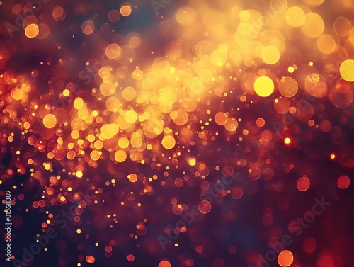 Warm golden and red bokeh lights create an abstract and festive background.