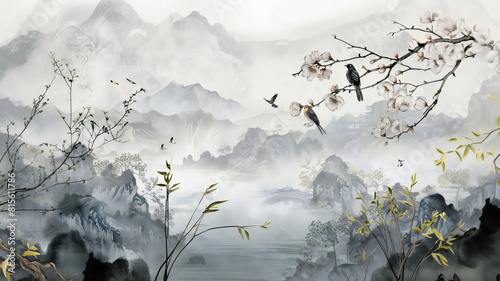 Blossom Chinoisserie Mural Silver Wallpaper, Watercolor background, birds, Tropical plant, photo