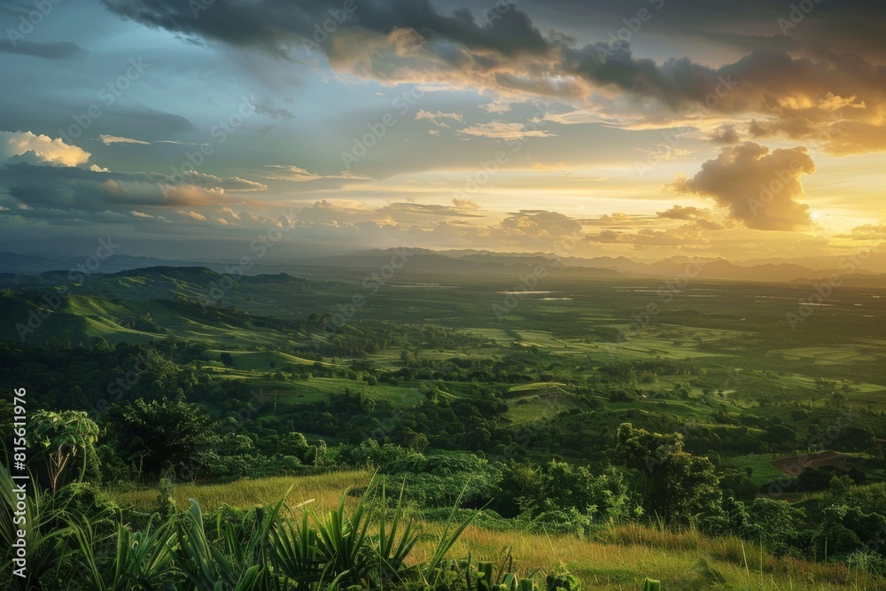 Obraz premium Sunrise Mist in Lush Green Hills