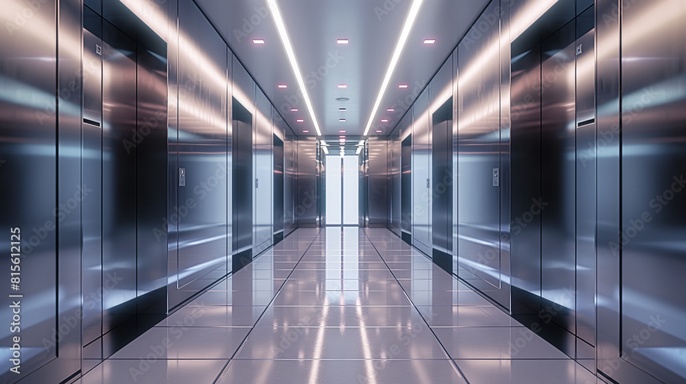 Modern Elevator Hallway with Reflective Surfaces and Ambient Lighting. Copy space. Generative AI	