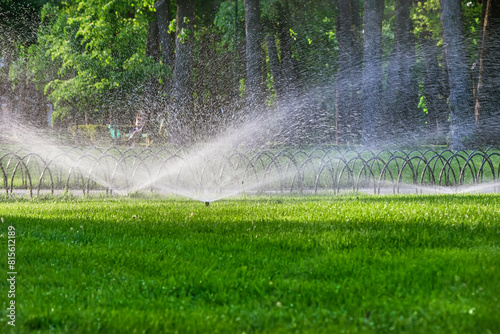 Automatic sprinkler system for watering a lawn in a park or city garden on a sunny summer day photo