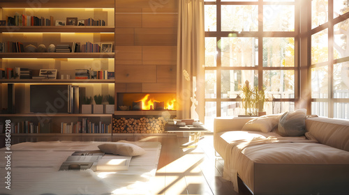 Modern stylish living room with large windows and beige sofa on the background of brown wall with fireplace shelving with books and decor and potted plants Cozy chalet interior Empty s : Generative AI photo